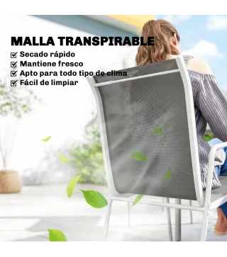 Conjunto de Mesa y Sillas Jardín con Mesa de Vidrio Templado 6 Sillas Apilables Transpirables para Terraza Gris