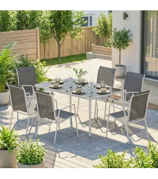 Conjunto de Mesa y Sillas Jardín con Mesa de Vidrio Templado 6 Sillas Apilables Transpirables para Terraza Gris