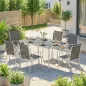 Conjunto de Mesa y Sillas Jardín con Mesa de Vidrio Templado 6 Sillas Apilables Transpirables para Terraza Gris