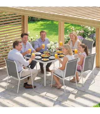 Conjunto de Mesa y Sillas Jardín con Mesa de Vidrio Templado 6 Sillas Apilables Transpirables para Terraza Gris