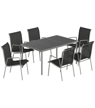 Conjunto de Mesa y Sillas Jardín con Mesa de Vidrio Templado y 6 Sillas Apilables Transpirables para Terraza Negro