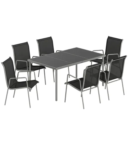 Conjunto de Mesa y Sillas Jardín con Mesa de Vidrio Templado y 6 Sillas Apilables Transpirables para Terraza Negro