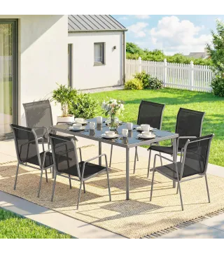 Conjunto de Mesa y Sillas Jardín con Mesa de Vidrio Templado y 6 Sillas Apilables Transpirables para Terraza Negro