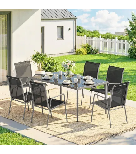 Conjunto de Mesa y Sillas Jardín con Mesa de Vidrio Templado y 6 Sillas Apilables Transpirables para Terraza Negro