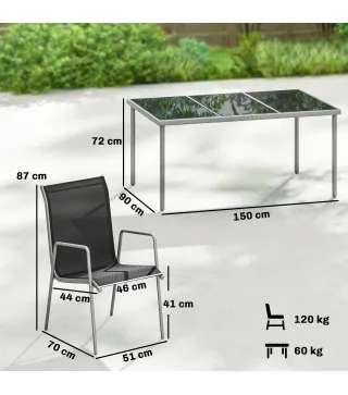 Conjunto de Mesa y Sillas Jardín con Mesa de Vidrio Templado y 6 Sillas Apilables Transpirables para Terraza Negro