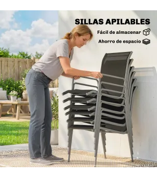 Conjunto de Mesa y Sillas Jardín con Mesa de Vidrio Templado y 6 Sillas Apilables Transpirables para Terraza Negro