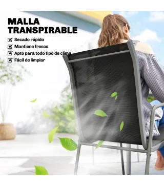 Conjunto de Mesa y Sillas Jardín con Mesa de Vidrio Templado y 6 Sillas Apilables Transpirables para Terraza Negro