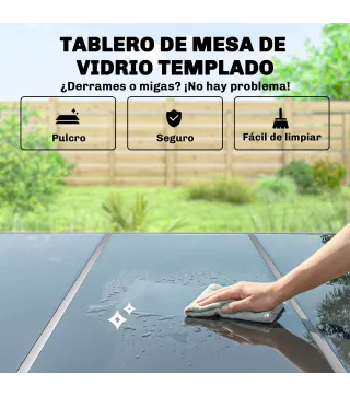 Conjunto de Mesa y Sillas Jardín con Mesa de Vidrio Templado y 6 Sillas Apilables Transpirables para Terraza Negro