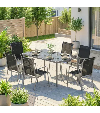 Conjunto de Mesa y Sillas Jardín con Mesa de Vidrio Templado y 6 Sillas Apilables Transpirables para Terraza Negro