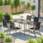 Conjunto de Mesa y Sillas Jardín con Mesa de Vidrio Templado y 6 Sillas Apilables Transpirables para Terraza Negro