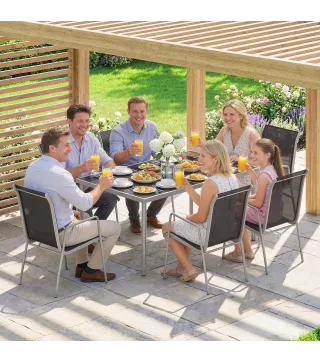 Conjunto de Mesa y Sillas Jardín con Mesa de Vidrio Templado y 6 Sillas Apilables Transpirables para Terraza Negro