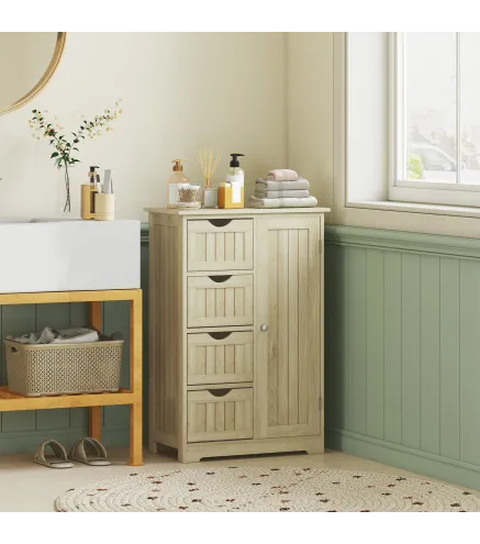 Armario de Baño Columna de Baño Estrecha con 4 Cajones y Estante Ajustable Estilo Moderno 56x30x83 cm Madera Natural