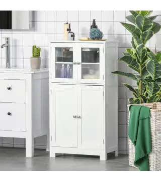 Armario Auxiliar de Baño con Puertas de Cristal y Estante Ajustable Armario Multifuncional 60x30x108,5cm Blanco