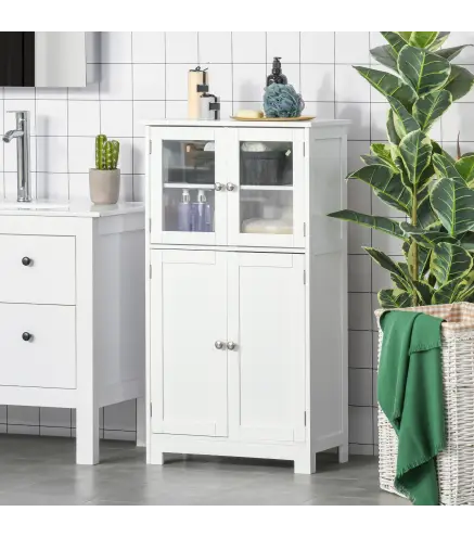 Armario Auxiliar de Baño con Puertas de Cristal y Estante Ajustable Armario Multifuncional 60x30x108,5cm Blanco