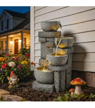 Fuente de Jardín con Iluminación LED Bomba Fuente Decorativa en Cascada de 4 Niveles Flujo Ajustable Gris