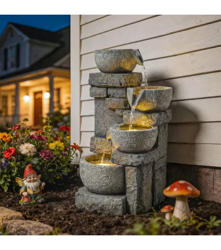 Fuente de Jardín con Iluminación LED Bomba Fuente Decorativa en Cascada de 4 Niveles Flujo Ajustable Gris