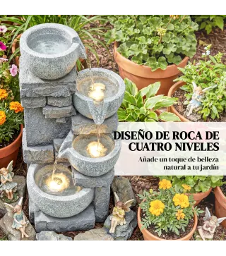 Fuente de Jardín con Iluminación LED Bomba Fuente Decorativa en Cascada de 4 Niveles Flujo Ajustable Gris