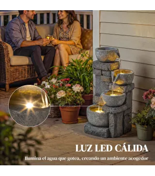 Fuente de Jardín con Iluminación LED Bomba Fuente Decorativa en Cascada de 4 Niveles Flujo Ajustable Gris