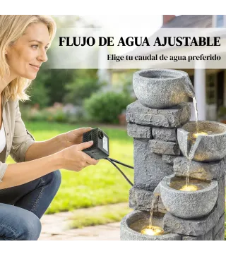 Fuente de Jardín con Iluminación LED Bomba Fuente Decorativa en Cascada de 4 Niveles Flujo Ajustable Gris