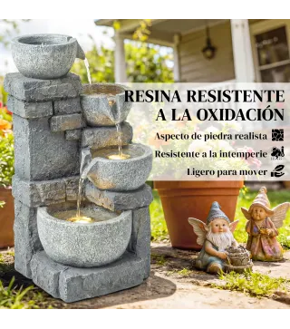 Fuente de Jardín con Iluminación LED Bomba Fuente Decorativa en Cascada de 4 Niveles Flujo Ajustable Gris