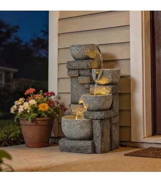 Fuente de Jardín con Iluminación LED Bomba Fuente Decorativa en Cascada de 4 Niveles Flujo Ajustable Gris