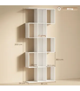 Librería en Forma de S de 5 Niveles para Salón Dormitorio Estudio Oficina 80x24x200 cm Blanco