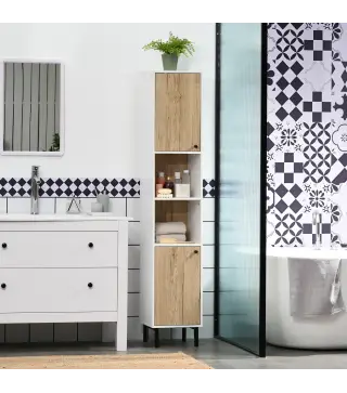 Columna de Baño con 6 Compartimentos para Ducha Aseo Dormitorio Estilo Moderno 31,5x30x169 cm Blanco y Roble