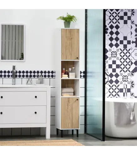 Columna de Baño con 6 Compartimentos para Ducha Aseo Dormitorio Estilo Moderno 31,5x30x169 cm Blanco y Roble
