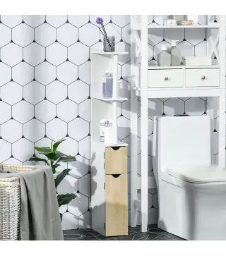 Columna de Baño con 2 Puertas y 2 Estantes Mueble Auxiliar de Baño Moderno 15,2x29,8x118 cm Blanco y Natural