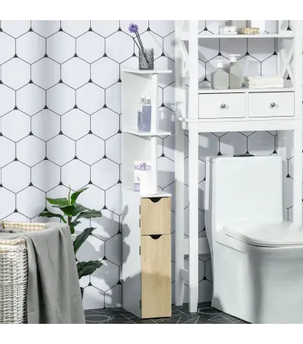 Columna de Baño con 2 Puertas y 2 Estantes Mueble Auxiliar de Baño Moderno 15,2x29,8x118 cm Blanco y Natural