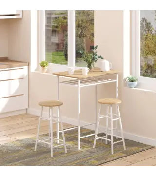 Set de Mesa Alta y 2 Taburetes con Estante de Almacenamiento y Marco de Metal 80x50x90 cm Blanco y Natural