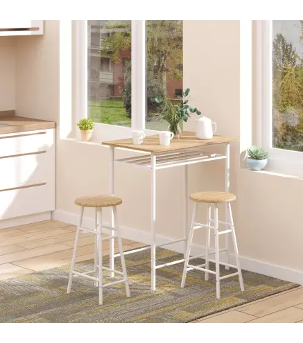 Set de Mesa Alta y 2 Taburetes con Estante de Almacenamiento y Marco de Metal 80x50x90 cm Blanco y Natural