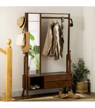 Perchero de Bambú con Banco Espejo 2 Cajones 4 Ganchos Barra y Compartimiento de Almacenaje 113x33x169,5cm Marrón