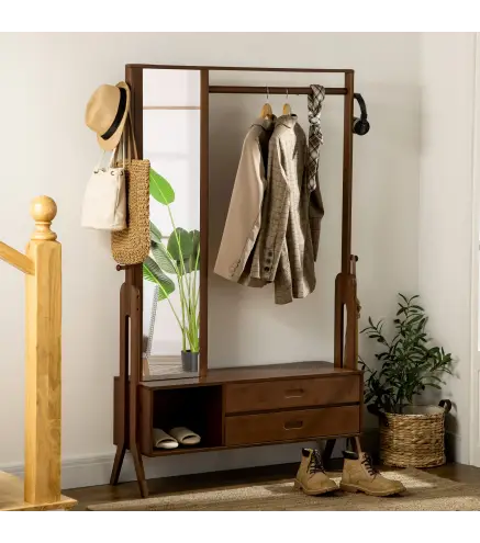Perchero de Bambú con Banco Espejo 2 Cajones 4 Ganchos Barra y Compartimiento de Almacenaje 113x33x169,5cm Marrón