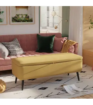 Banco de Almacenamiento con Tapa Abatible y Patas de Acero para Dormitorio Salón Entrada 101x38,5x44,5cm Amarillo