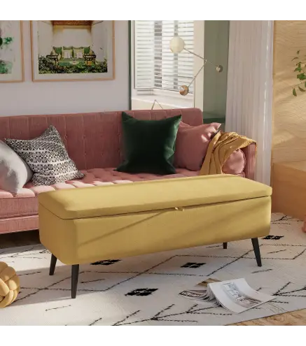 Banco de Almacenamiento con Tapa Abatible y Patas de Acero para Dormitorio Salón Entrada 101x38,5x44,5cm Amarillo