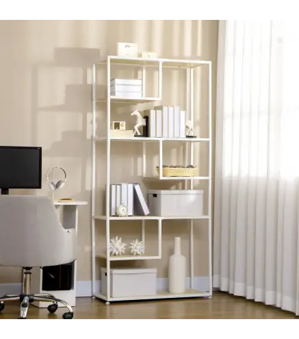 Estantería con Marco de Acero y Estantes de Melamina para Salón Oficina Estudio 83x34x180 cm Roble y Blanco