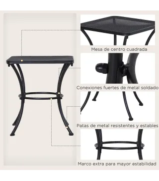 Mesa Auxiliar Cuadrada Mesa de Jardín Exterior con Estructura de Metal para Patio Terraza Balcón Carga 30 kg 45x45x50 cm Negro