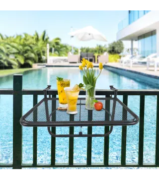 Mesa Colgante de Balcón con Brazo Regulable y Altura Ajustable en 3 Posiciones Marco Metálico 60x56x50 cm Negro