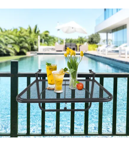 Mesa Colgante de Balcón con Brazo Regulable y Altura Ajustable en 3 Posiciones Marco Metálico 60x56x50 cm Negro