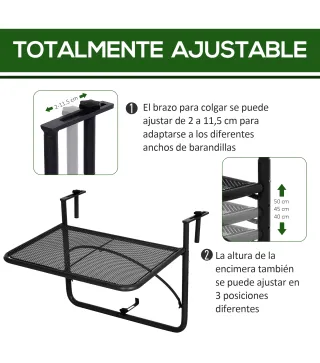 Mesa Colgante de Balcón con Brazo Regulable y Altura Ajustable en 3 Posiciones Marco Metálico 60x56x50 cm Negro