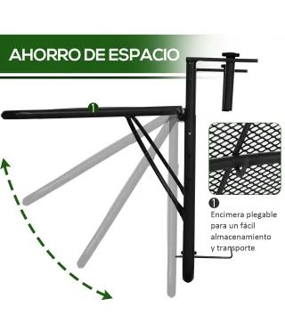 Mesa Colgante de Balcón con Brazo Regulable y Altura Ajustable en 3 Posiciones Marco Metálico 60x56x50 cm Negro