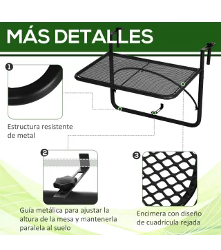 Mesa Colgante de Balcón con Brazo Regulable y Altura Ajustable en 3 Posiciones Marco Metálico 60x56x50 cm Negro