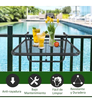 Mesa Colgante de Balcón con Brazo Regulable y Altura Ajustable en 3 Posiciones Marco Metálico 60x56x50 cm Negro