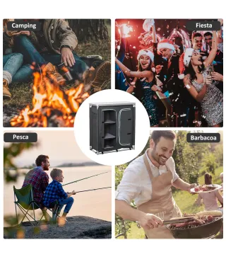 Armario de Camping Plegable con Estantes y Bolsa de Transporte para Exterior 96x49,5x104 cm Gris