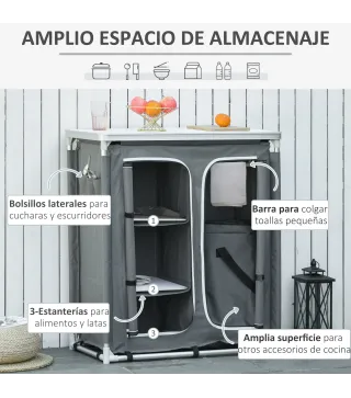 Armario de Camping Plegable con Estantes y Bolsa de Transporte para Exterior 96x49,5x104 cm Gris