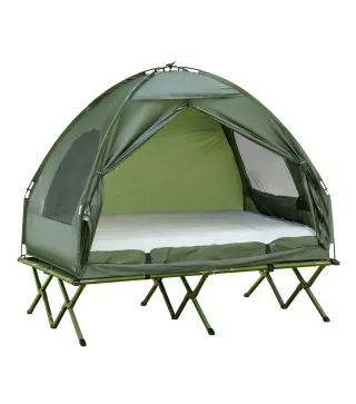 Cama Doble de Camping Plegable con Tienda de Campaña 4 en 1 Cama de Campamento Elevada con Colchón Hinchable y Bolsa de Transpor