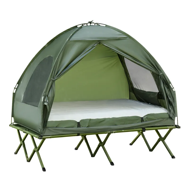 Cama Doble de Camping Plegable con Tienda de Campaña 4 en 1 Cama de Campamento Elevada con Colchón Hinchable y Bolsa de Transpor