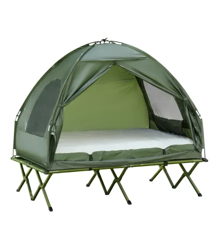 Cama Doble de Camping Plegable con Tienda de Campaña 4 en 1 Cama de Campamento Elevada con Colchón Hinchable y Bolsa de Transpor