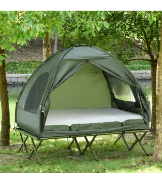 Cama Doble de Camping Plegable con Tienda de Campaña 4 en 1 Cama de Campamento Elevada con Colchón Hinchable y Bolsa de Transpor